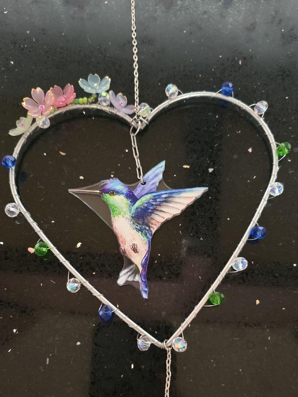 NWOT. Heart-Shaped Hummingbird Sun Catcher - Multicolor With Crystal Heart - Picture 2 of 8
